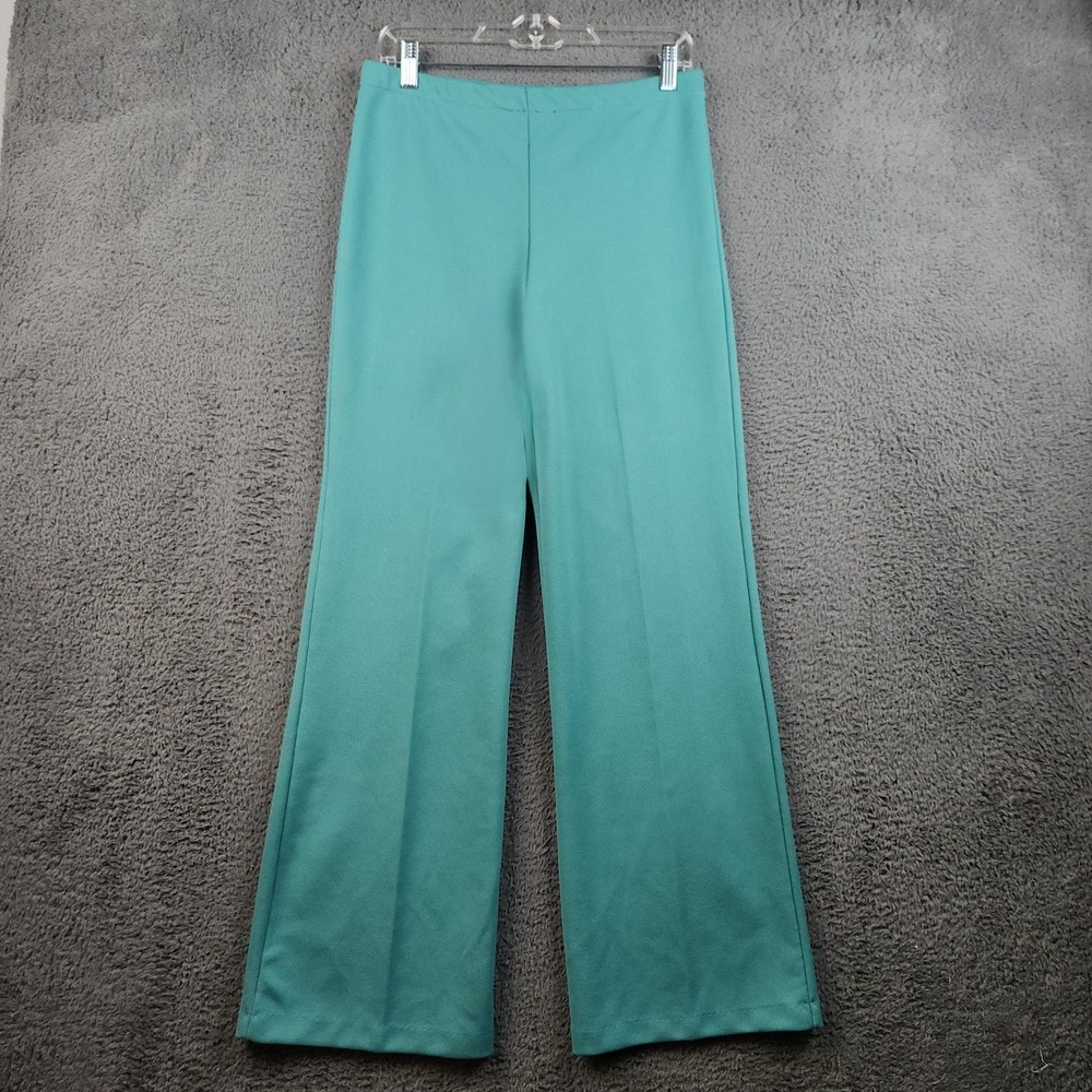 Vintage Wide Leg Pintuck Bell Bottom Pant 28x30 Teal Green Pull On Palazzo Retro